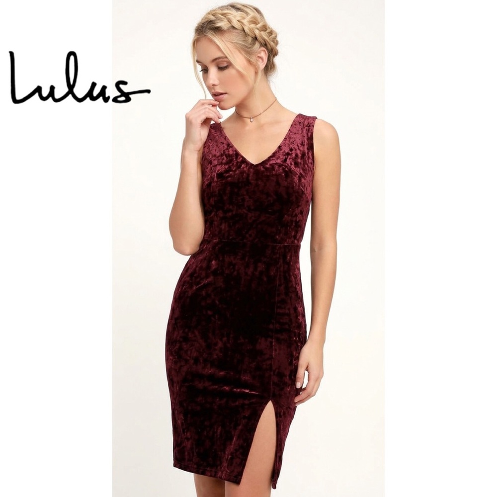 Lulu's Burgundy Wine Red Velvet V-Neck Sheath Mini Dress with Side Slit